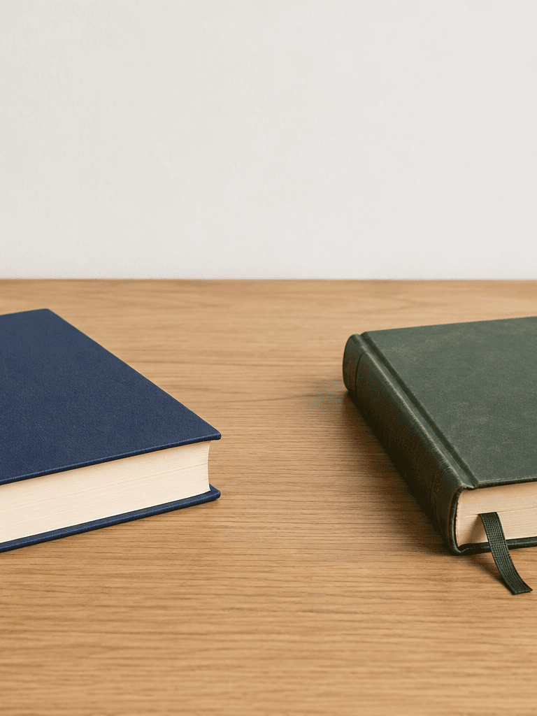 Two closed books resting apart on a plain table, each with its own bookmark