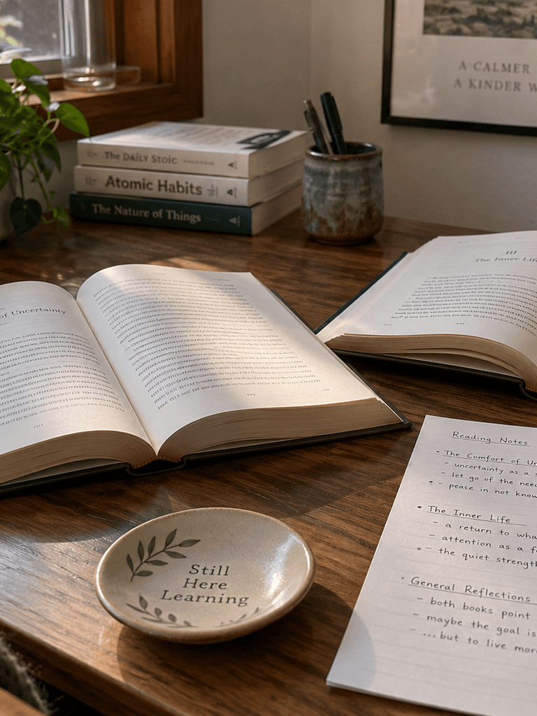 Two open books and a page of reading notes on a quiet wooden desk