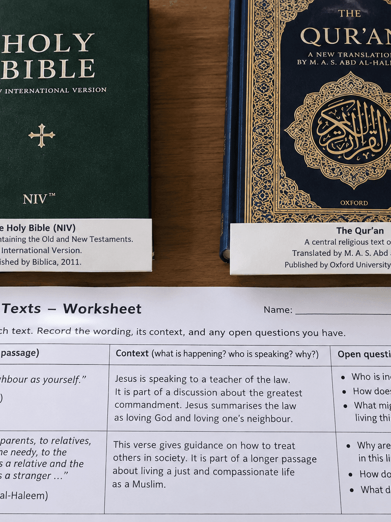 Two identified text editions beside a worksheet recording wording, context, and open questions