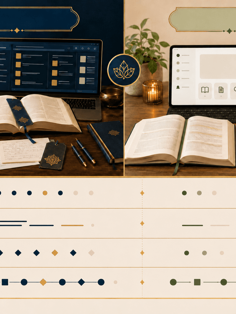 Two sacred-text study workspaces compared through source depth, research tools, privacy, and practice workflow.