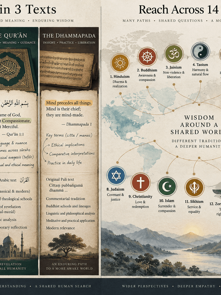 Three scripture columns beside a wider map of many traditions, showing the difference between depth in three texts and reach across fourteen.