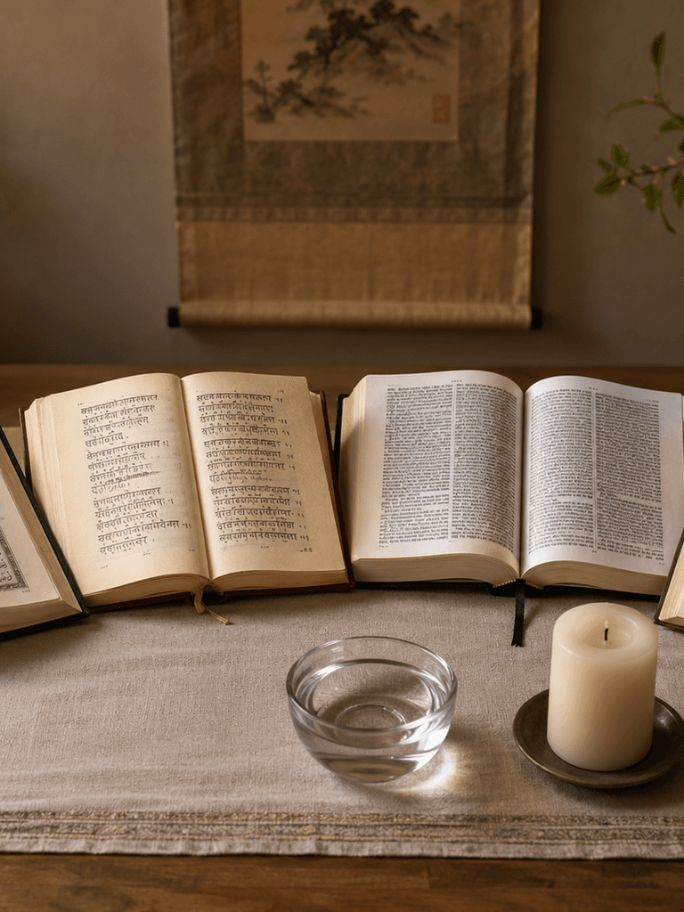 Four open sacred texts beside an unlit candle and a small bowl of water