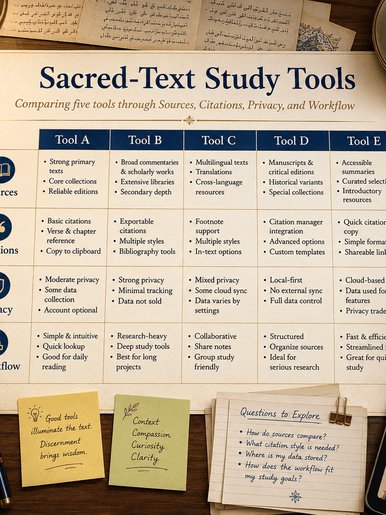 A research desk comparing five sacred-text study tools through sources, citations, privacy, and workflow