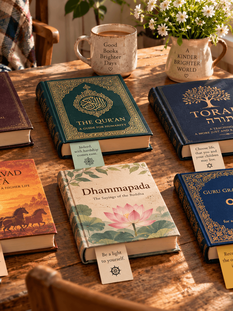 Six religious separate books with bookmarks on a sunlit reading table