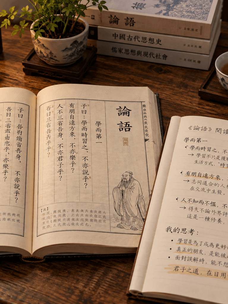 An open book and a handwritten reading notebook on a wooden table