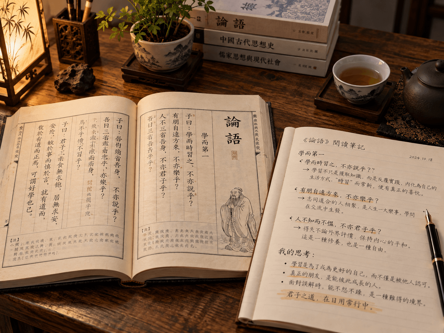 An open book and a handwritten reading notebook on a wooden table