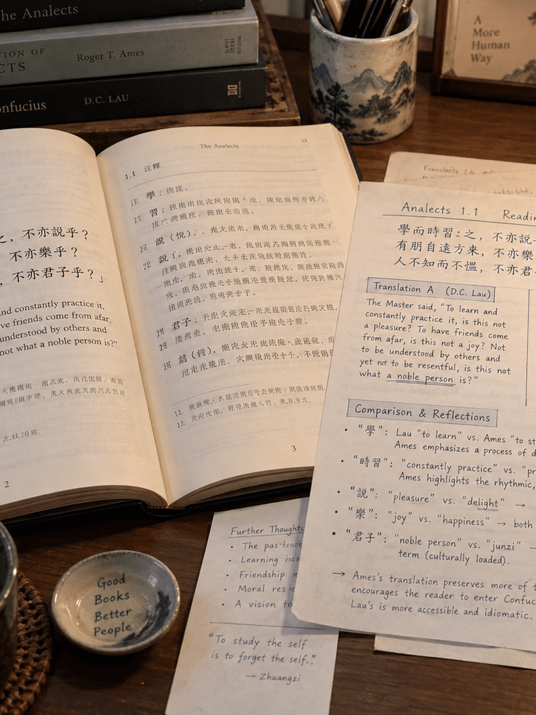 An open book beside reading notes comparing two translations of one Analects passage.