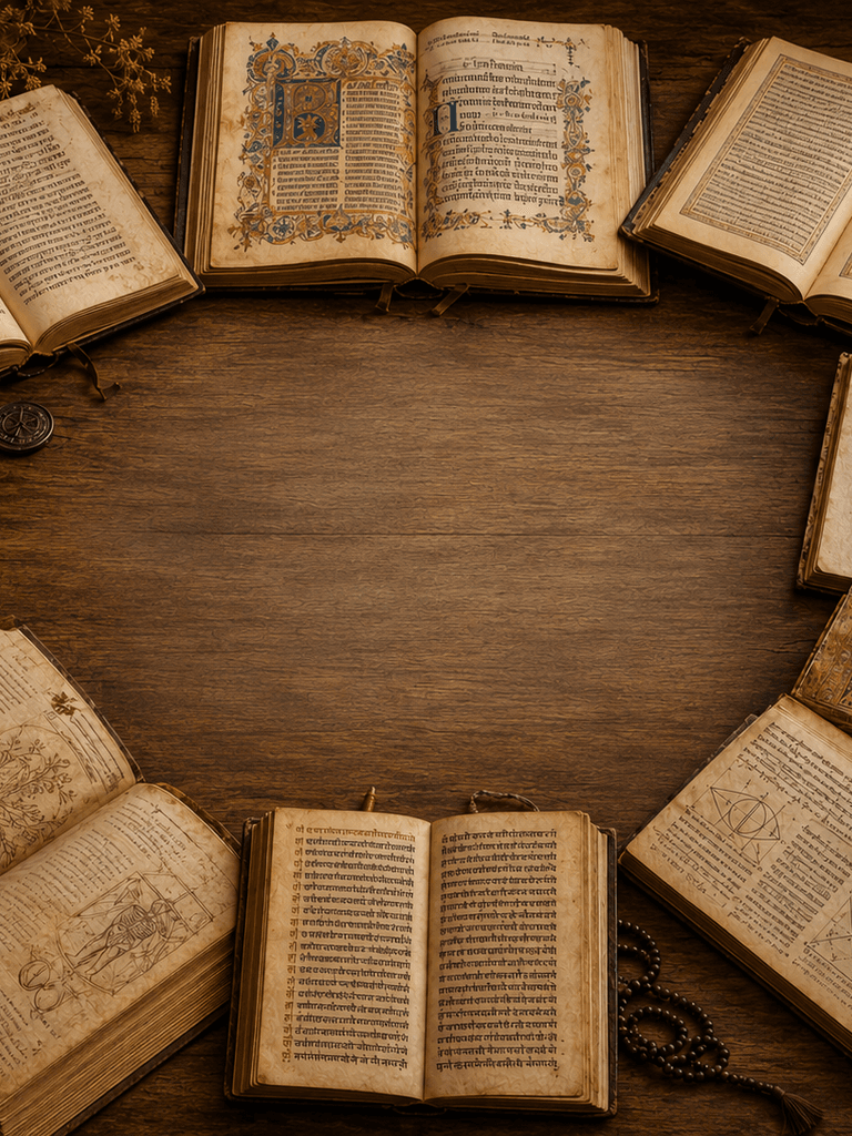 A circle of open sacred and philosophical texts arranged around an empty center