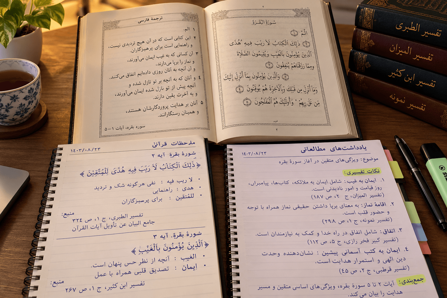 An open book beside Arabic and Persian reading notes, with passage numbers and source details visible.