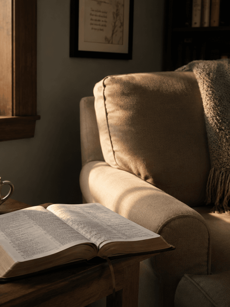 An open Bible beside a softly lit chair and an empty cup in a quiet room