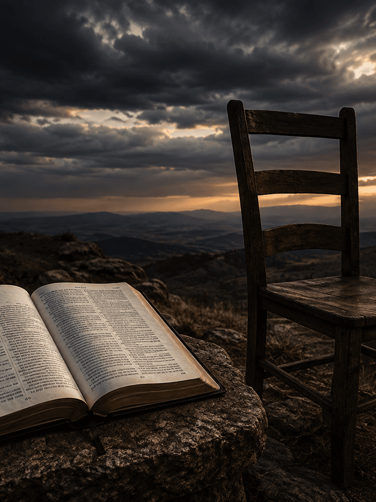 An open Book of Job beside an empty chair under a darkening sky