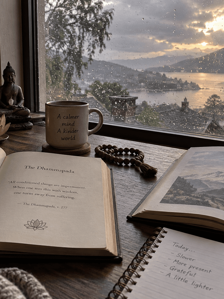 Two open books and a notebook beside a window with rain clearing outside.