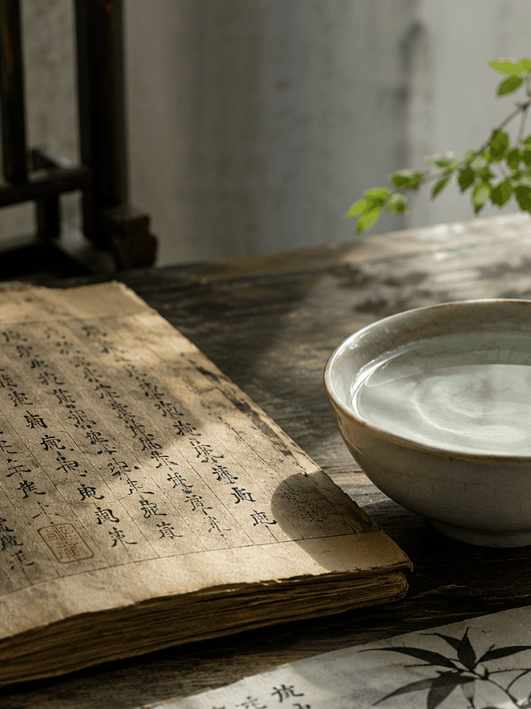 An ancient Chinese text beside a bowl of water reflecting soft natural light