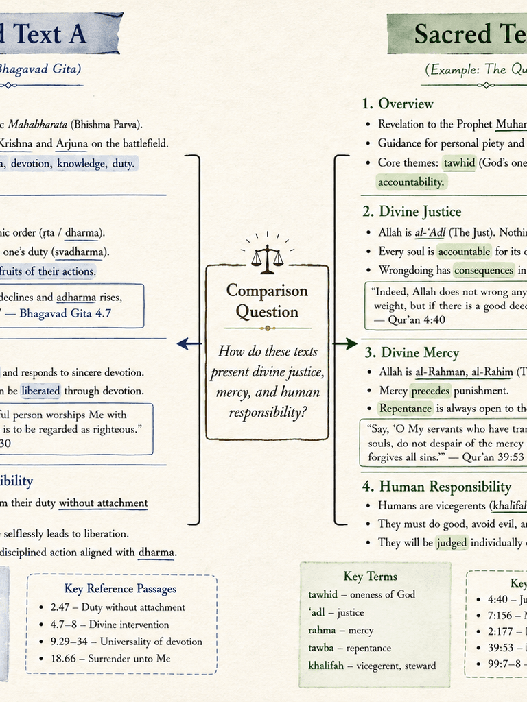 Two distinct columns of sacred-text research notes connected by a carefully labeled comparison question.