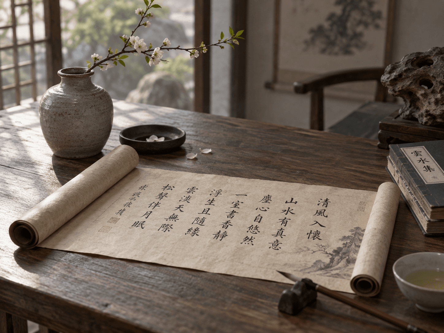 A Chinese classical text beside a simple ceramic vessel on a quiet wooden table