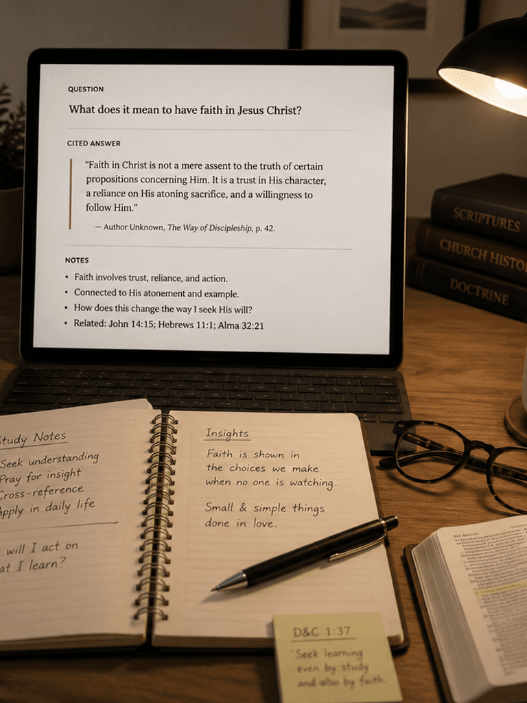 Comparison of a mobile scripture library and a citation-aware sacred-text study workspace.