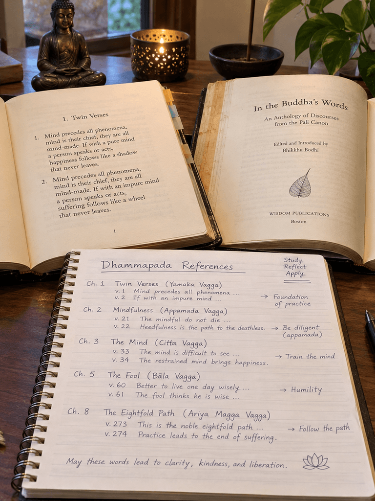 Two open books beside a notebook recording chapter and verse references