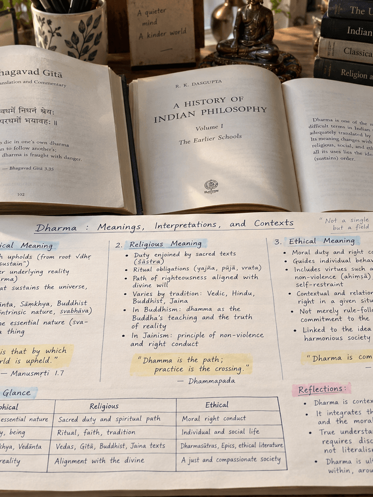 Two open books beside reading notes comparing the meanings of dharma