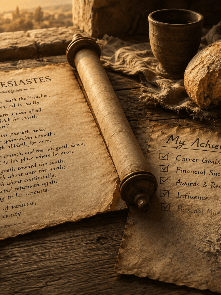 An open Ecclesiastes manuscript beside a fading achievement list and a shared loaf of bread