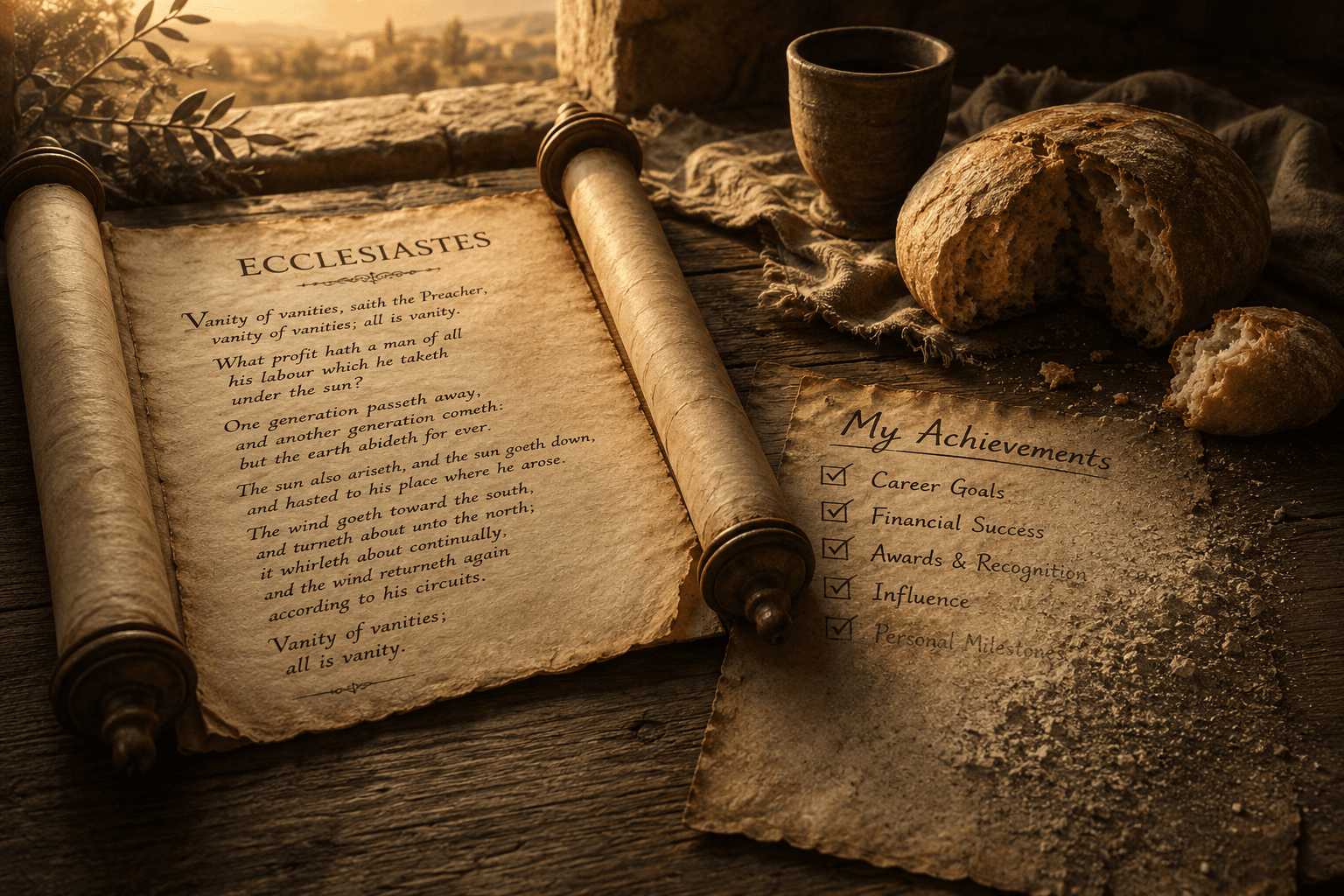 An open Ecclesiastes manuscript beside a fading achievement list and a shared loaf of bread