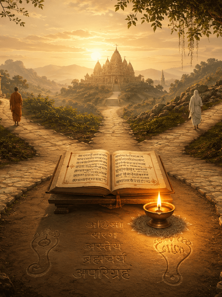 Four separate paths converging near an open Jain manuscript and a small lamp