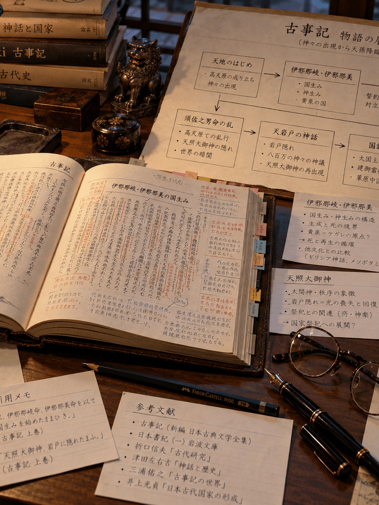A reading table with an open annotated Kojiki, a narrative sequence chart, and handwritten source notes.