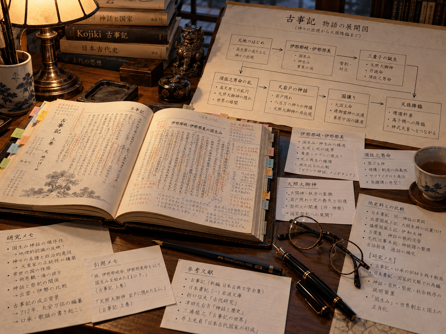 A reading table with an open annotated Kojiki, a narrative sequence chart, and handwritten source notes.