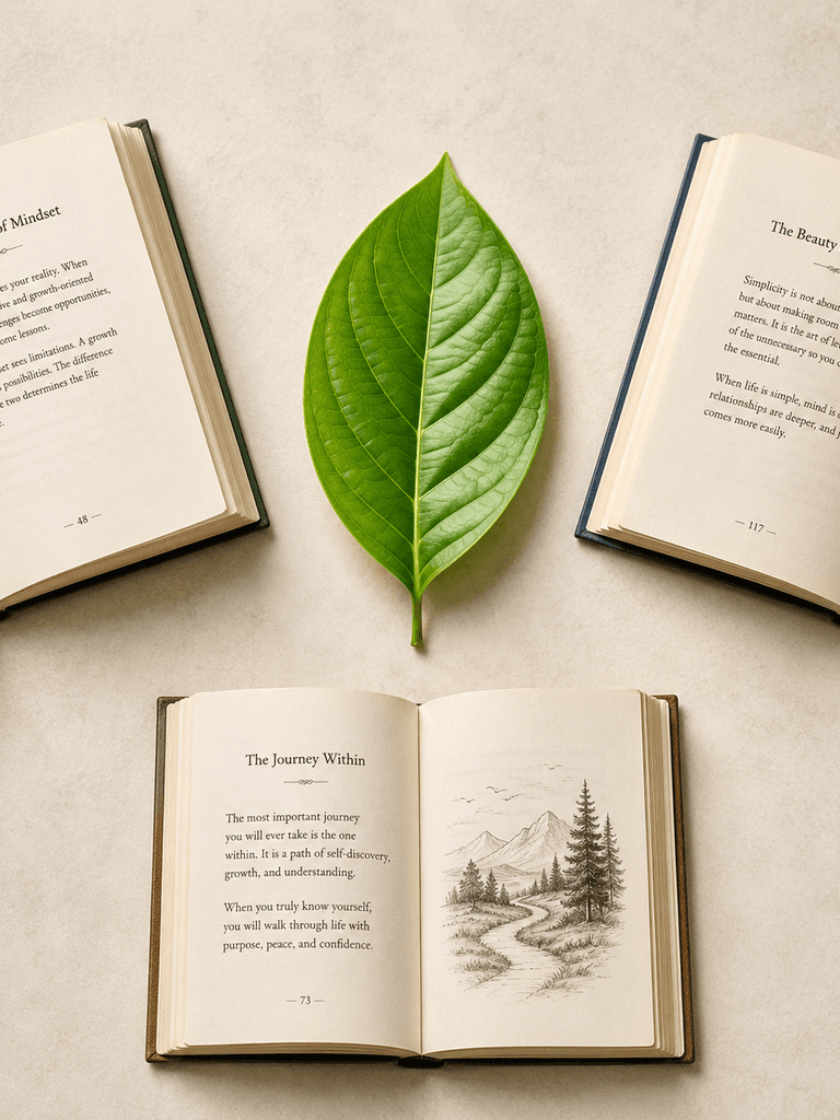 Three open texts arranged separately around a living green leaf