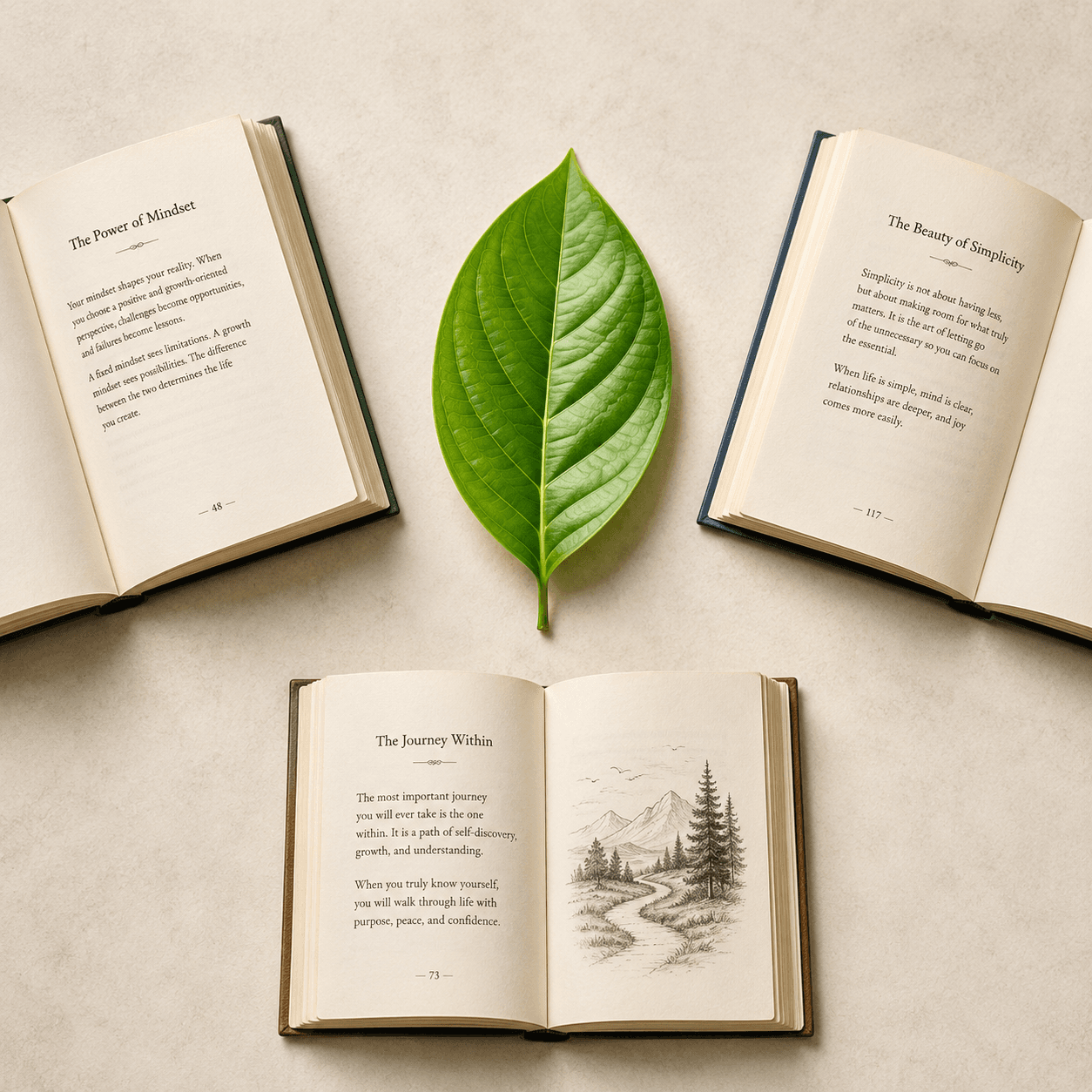 Three open texts arranged separately around a living green leaf