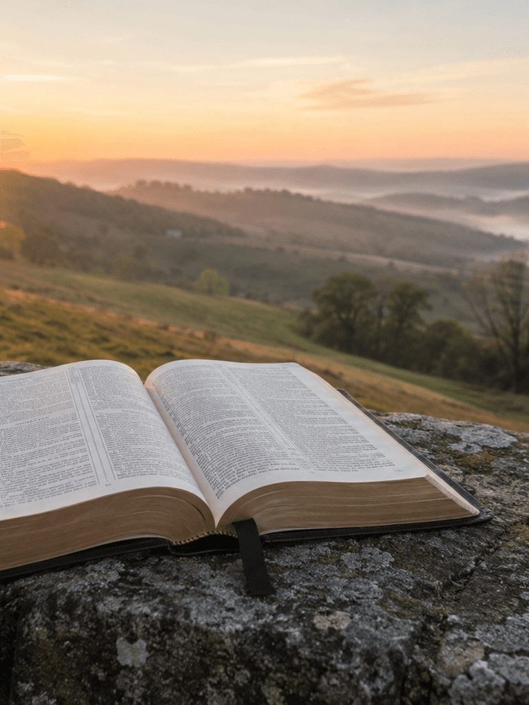 An open New Testament resting on a stone ledge above a hillside at first light