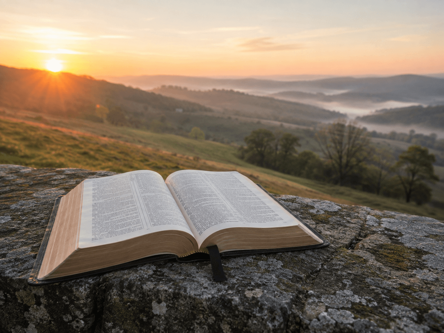 An open New Testament resting on a stone ledge above a hillside at first light