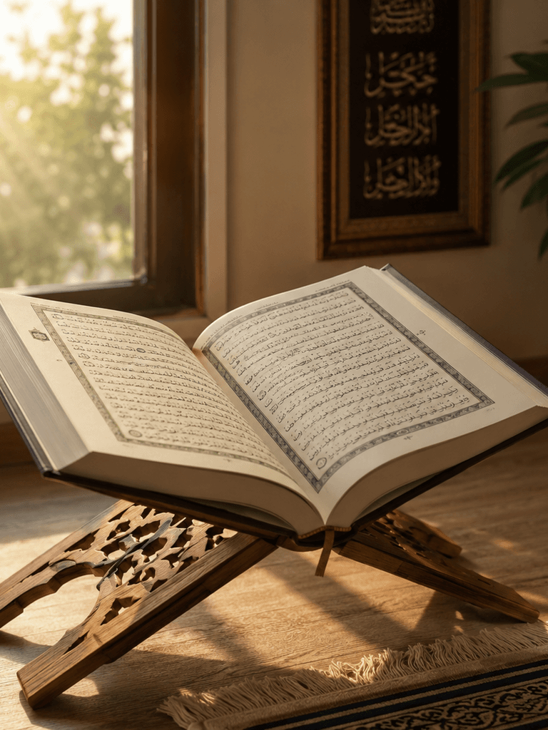 An open Quran resting on a wooden stand beside a window in early morning light