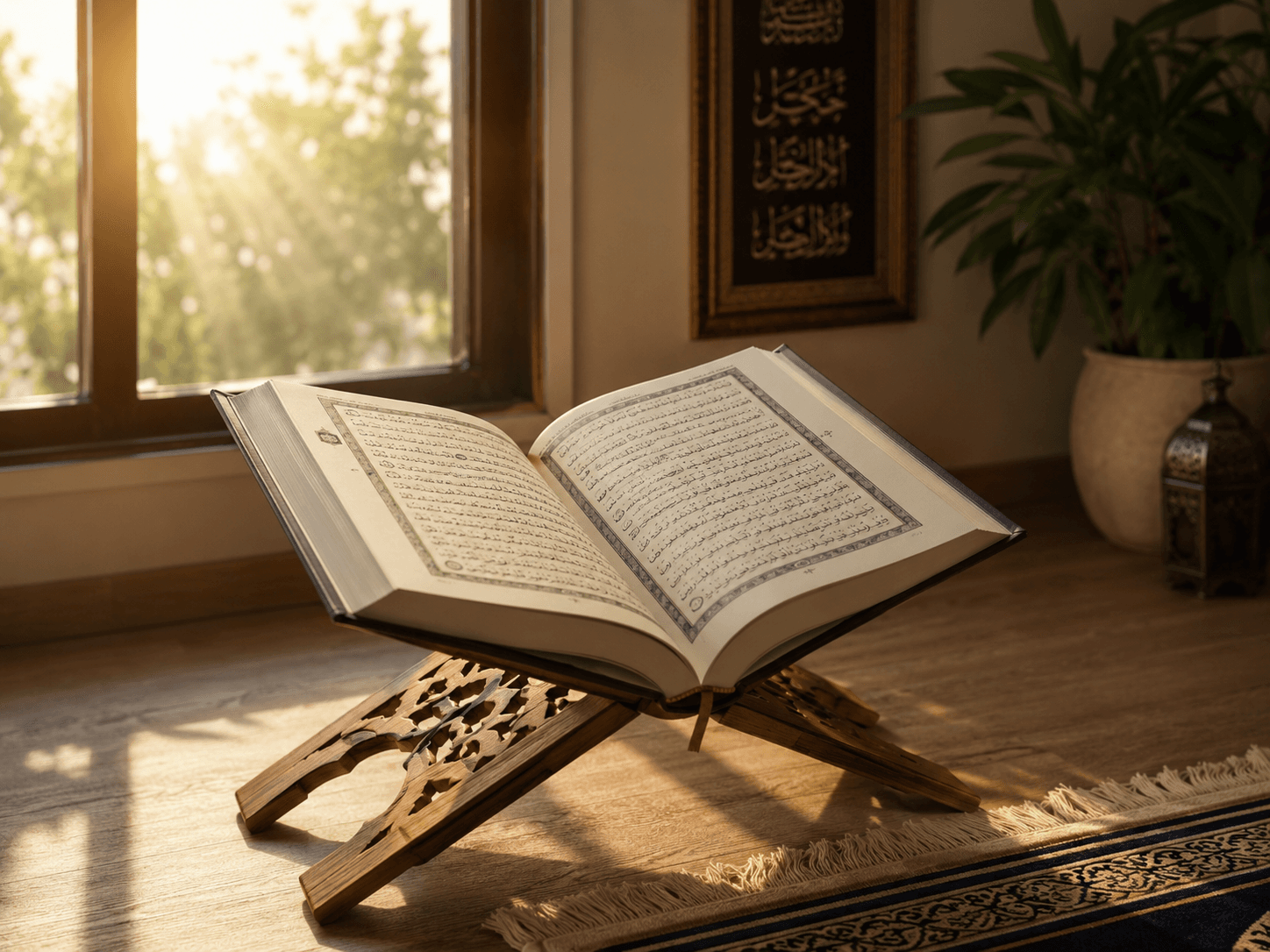 An open Quran resting on a wooden stand beside a window in early morning light
