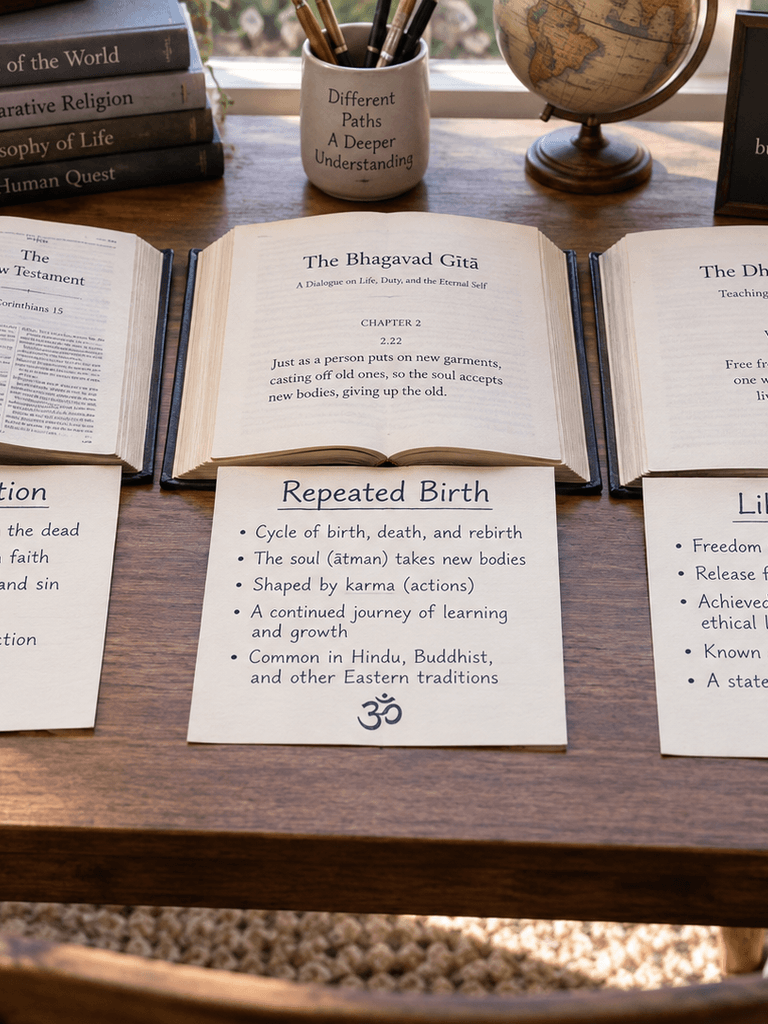 Three open books beside separate notes on resurrection, repeated birth, and liberation