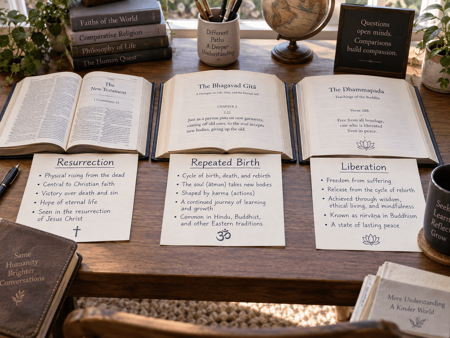 Three open books beside separate notes on resurrection, repeated birth, and liberation