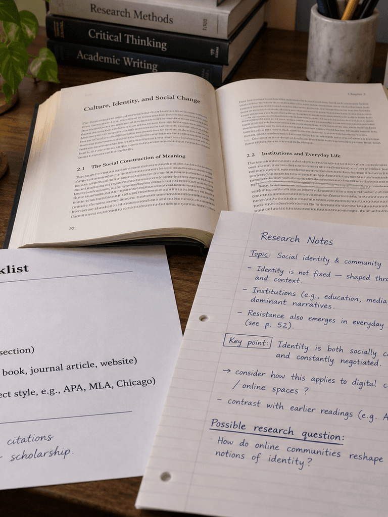 A citation checklist beside an open source text and a handwritten research note
