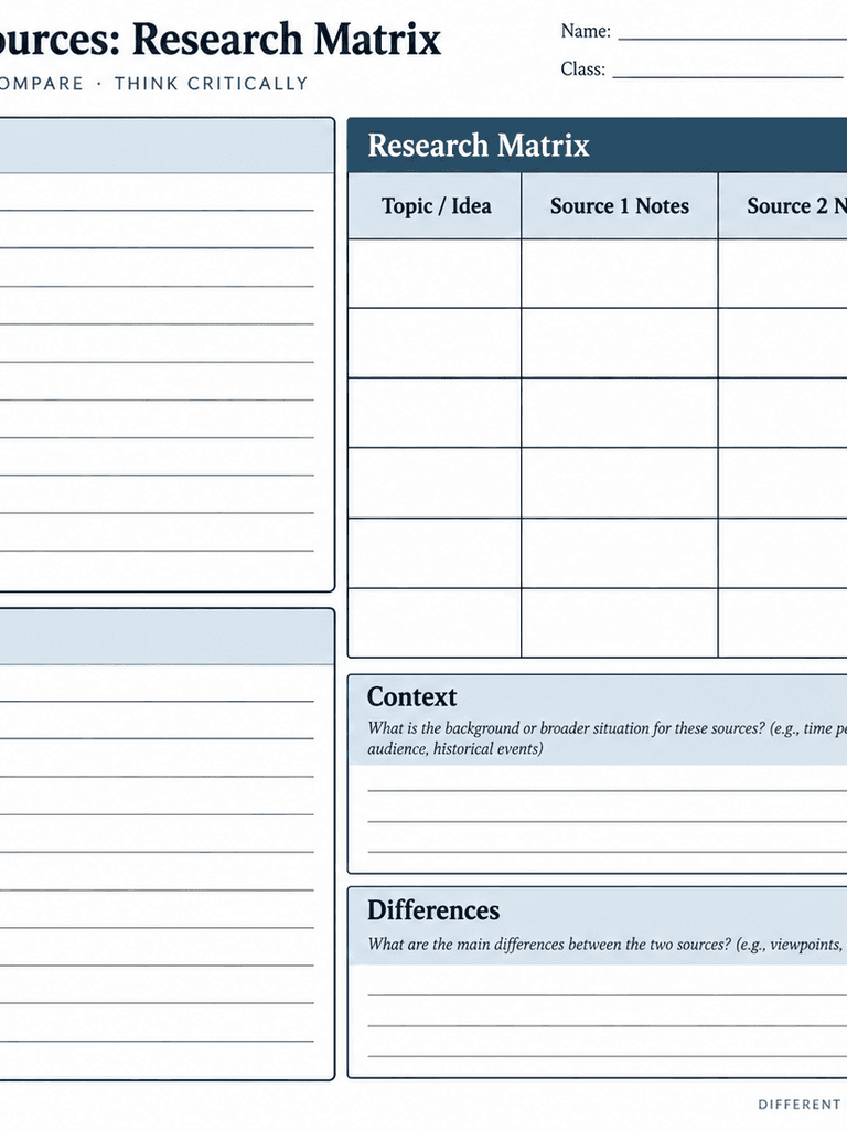 Two separate source texts beside a research matrix with space for context and differences