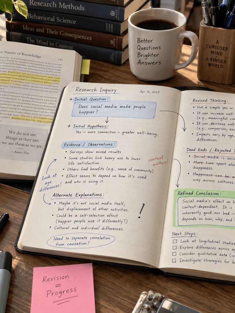 An open source text beside research notes tracing a question to a revised conclusion