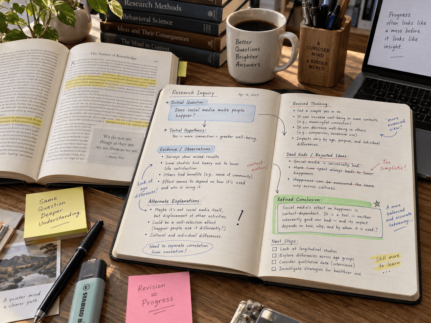 An open source text beside research notes tracing a question to a revised conclusion