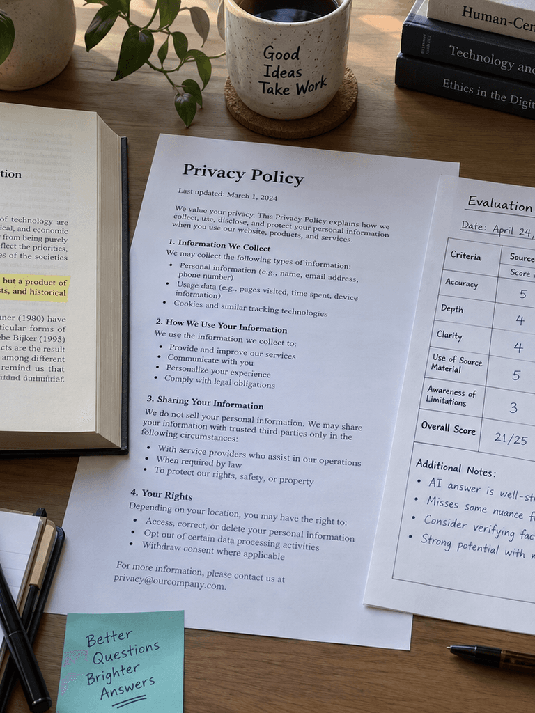 An AI answer placed beside an open source text, a printed privacy policy, and a hand-marked scoring sheet.
