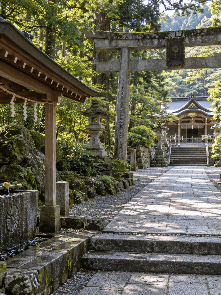 A shrine approach with a torii gate, purification basin, and trees