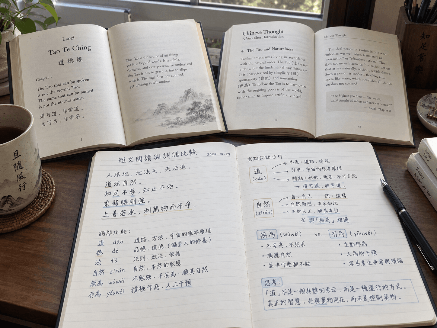Two open books beside a notebook comparing words in a short Chinese passage