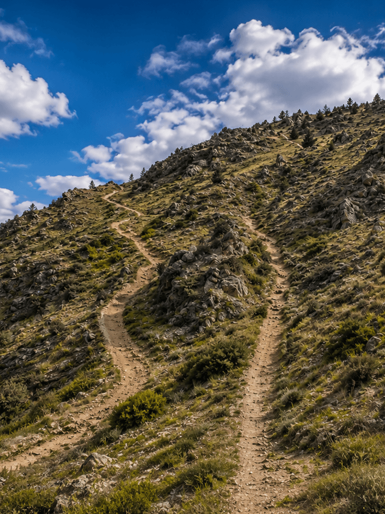 Three separate paths crossing a rocky hillside without merging into one road