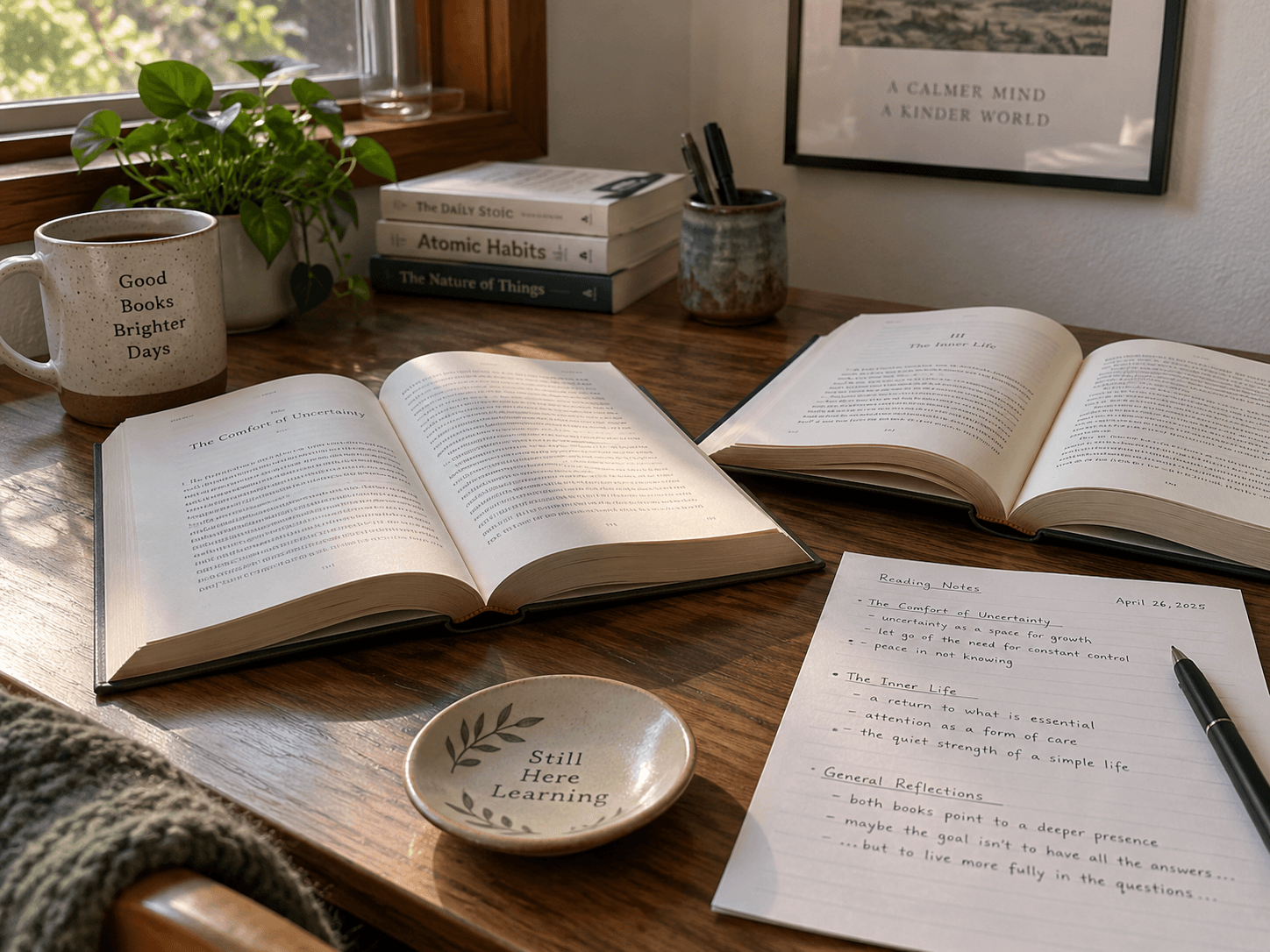 Two open books and a page of reading notes on a quiet wooden desk