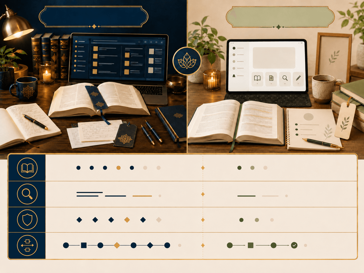 Two sacred-text study workspaces compared through source depth, research tools, privacy, and practice workflow.