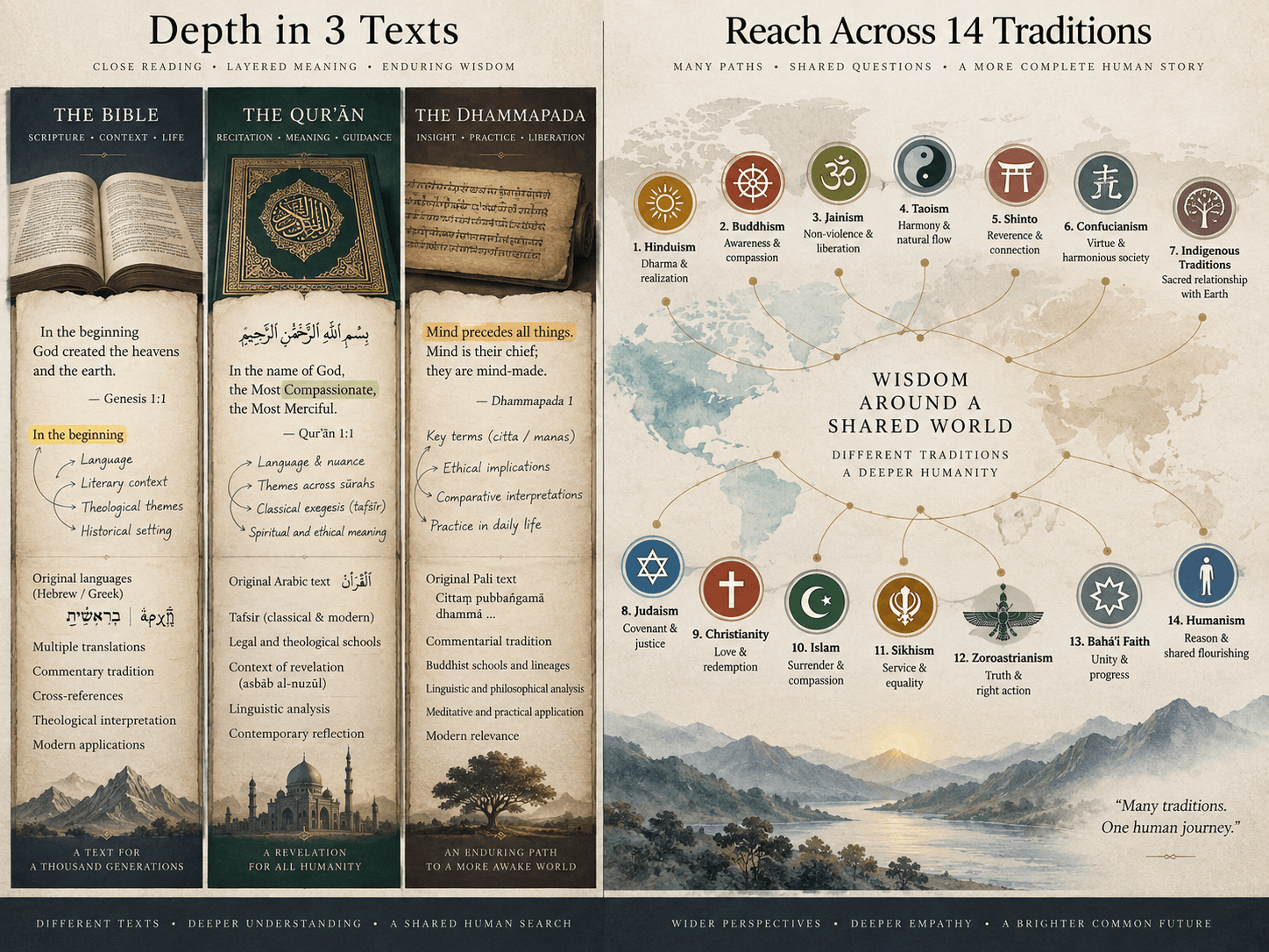 Three scripture columns beside a wider map of many traditions, showing the difference between depth in three texts and reach across fourteen.