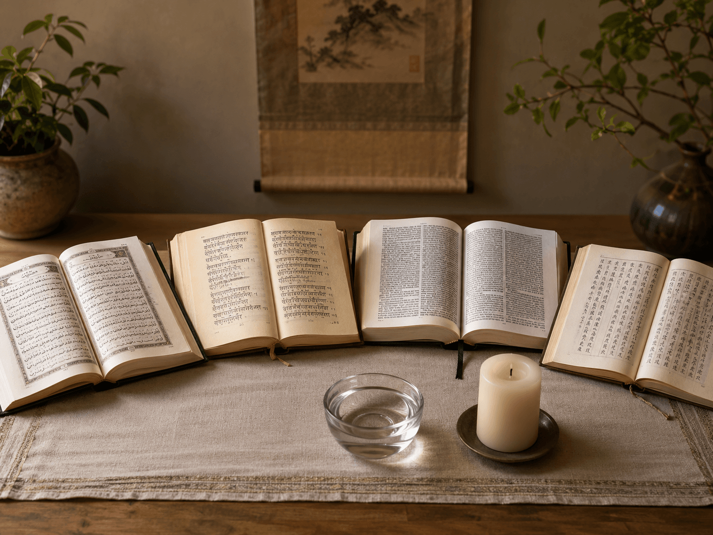 Four open sacred texts beside an unlit candle and a small bowl of water