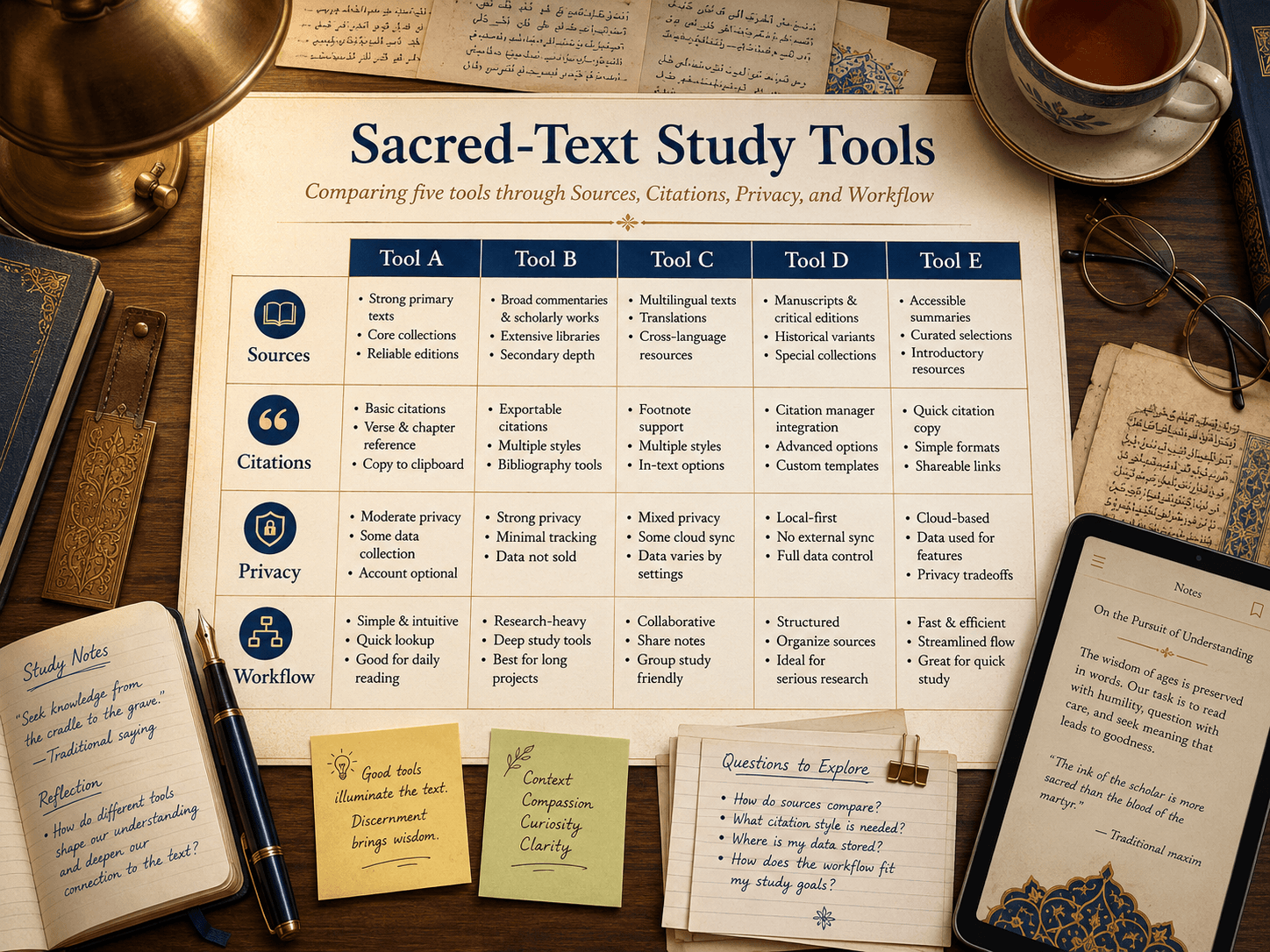 A research desk comparing five sacred-text study tools through sources, citations, privacy, and workflow