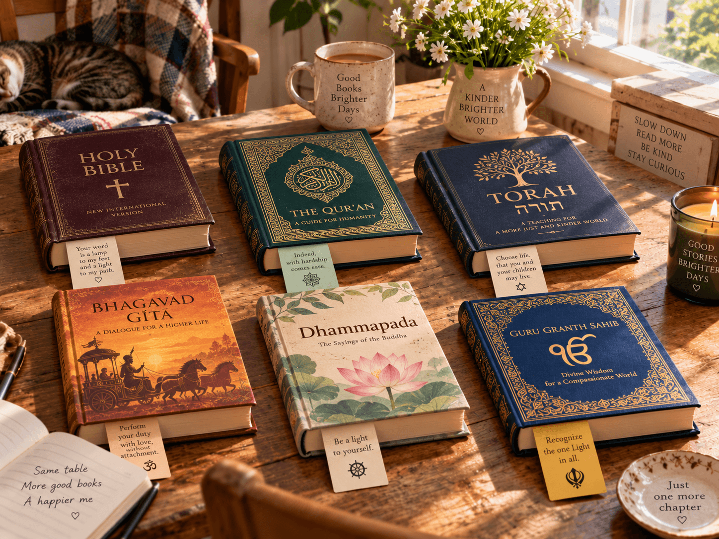 Six religious separate books with bookmarks on a sunlit reading table