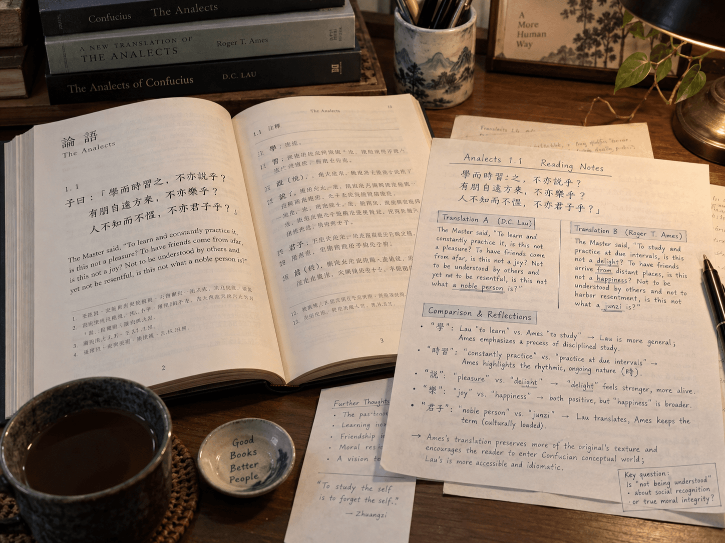 An open book beside reading notes comparing two translations of one Analects passage.